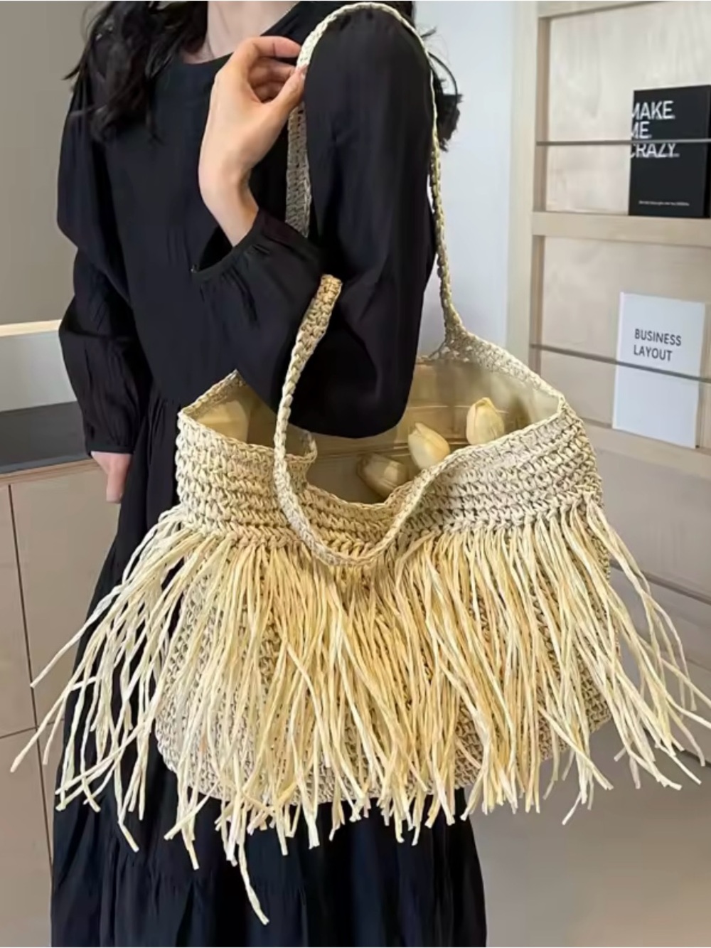 Neutral Fringe Straw Tote Bag